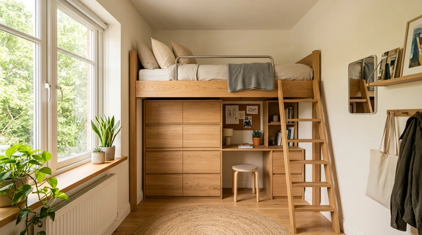 Space-saving small bedroom styled as a cozy and functional retreat.